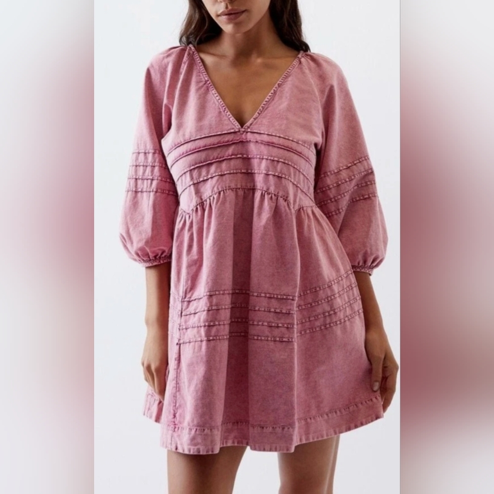 Free People NWOT Sweet Surrender Denim Acid Wash Mini Pink Dress Small - Picture 6 of 6